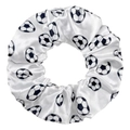 Elastic fabric scrunchie featuring a classic black and white football print on white satin - Soccer White