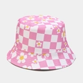 Dettaglio cappello alla pescatora a scacchi rosa con stampe di margherite e trama in cotone - M (56-58cm) / Rosa