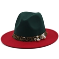 Cappello fedora in lana bicolore verde e rosso con fascia leopardata e perle decorative - M (56-58cm) / Blocco di Colore Verde e Rosso (03)