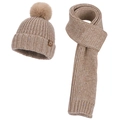 Winter 2-piece knit set featuring brown sequined hat with fur pompom and matching scarf - Two-Piece Set / Khaki