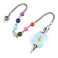 Light blue crystal chakra pendulum with gold symbol and seven chakra stones - Synthetic Opal