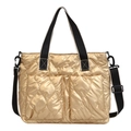 Golden quilted puffer tote bag with black straps and double front pockets design - Double Pocket Style / Gold