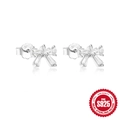 S925 sterling silver bow knot stud earrings with sparkling cubic zirconia on white background - White Zircon Bow / Platinum #2