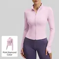 Pink diamond long sleeve yoga jacket with full zipper and thumbholes for women - S / Tops / Pink Diamond