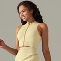 Seamless light yellow yoga set with high waist leggings and zip-up cropped top - Vest - Khaki