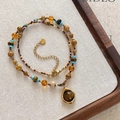 Bohemian beaded necklace with golden circular pendant and tiger eye stone inlay - 29# Necklace-Brown-Geometric