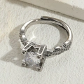 Elegant silver adjustable ring with large round zircon and twisted pave diamond band - White Gold Plated Square Zircon