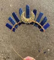 Detail of handmade bohemian crown with blue crystals and a golden crescent moon - Gold Headband/Moon/Lapis Lazuli