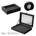 Black velvet jewelry box with transparent lid for rings and earrings, size 20x15x5cm - Long Bar Grid / Black