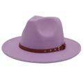Detail of light purple wool fedora hat with a brown leather belt and gold metal buckle - M(56-58cm) / Light Purple (3 Rivets)