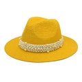 Detail of yellow straw fedora hat featuring elegant white pearl bead embellishments - M (56-58cm) / Yellow