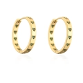 Detailed view of 18K gold plated hoop earrings featuring small dark green heart zircons - Dark Green