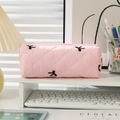 Pink quilted pencil case with bow embroidery and diamond pattern for students - Pink