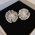 Silver hollow flower earrings with pearl accent in a black velvet jewelry box - Hollow Flower Pearl Silver Post Stud Earrings (31#) / Silver