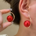 Minimalist large golden C-shaped hoop earrings with oversized high-gloss red beads - C-Shape Bright Red Artificial Pearl Style (11430)