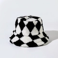 Close-up of black and white checkerboard pattern on thick faux lamb wool bucket hat - M (56-58cm) / Black