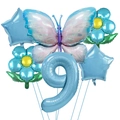 Number 9 butterfly balloon set with gradient pink-blue tones and sunflower accents - Number 9 / Holographic Blue