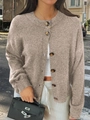 Women's light brown knitted cardigan with round neck and dark buttons in casual style - S / Khaki