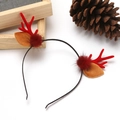 Christmas reindeer headband with red flocked antlers, brown ears and plush pom poms - Dark Red Mink Fur Antlers Red