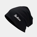 Detail of black waffle knit beanie with Fashion embroidery and textured fabric - One Size / Black
