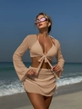 Detailed texture of apricot mesh cover-up and drawstring skirt for beach vacations - S / Tan