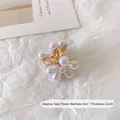 Mini floral pearl hair claw clip with gold base and white petals for girls - Double Flower Hair Claw