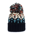 Bonnet tricoté pour femme avec motifs colorés et un grand pompon moelleux sur le dessus - Réglable / Noir + Kaki