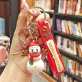 Cute snowman Christmas keychain with red silicone wrist strap and golden metal ring - Snowman (Gold Keychain)