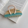 Pinza per capelli in acetato a righe verde acqua e beige posata su un libro aperto - Blu