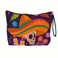 Draagbare make-uptas met Dag van de Doden schedelprint op paarse achtergrond met rits - Kaars & Maracas Stijl (xy-037-04) / 17x25cm Met Polsband