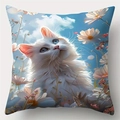 Modern linen pillowcase with a white cat and flowers design for sofa decoration - Style 9 / 45*45cm (No Core)