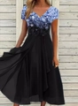 Women's V-neck short sleeve maxi dress in blue and black floral patchwork style - S / Tops / Purple Floral Black