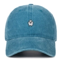 Close-up of ghost embroidery detail on light blue washed denim baseball cap crown - Lake Blue