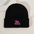 Classic black knitted beanie featuring pink You are Good embroidery for winter casual style - Black
