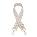 Detail showing adjustable woven bag strap with geometric patterns and gold metal buckles - V-28 White Lake Blue Dots