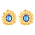 Close-up of vintage gold earrings with blue oval stones and spiral radiant textures - Blue Flower (K-263)