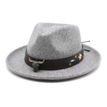 Detail of grey felt cowboy hat with leather band, bronze bull head and floral embroidery - M (56-58cm) / Light Heather Grey