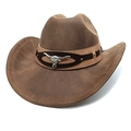 Brown woven western cowboy hat featuring a vintage bull head buckle and leather band - M (56-58cm) / Striped Khaki