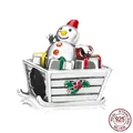 S925 sterling silver Christmas snowman sleigh charm with colorful enamel and cubic zirconia - Snowman on Sleigh