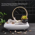 Ceramic tabletop fountain with white geese, LED light ring, and succulent planter pot - Double Swans - White Style - No Atomizer - Upgraded