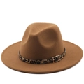Close-up of brown wool fedora hat featuring leopard print band and gold buckle - M (56-58cm) / Khaki