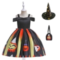 Girls Halloween pumpkin witch cosplay dress set with matching hat and small drawstring bag - 100cm / WS015-Black (Bag+Hat)
