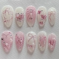 Pink heart and 3D bow almond press-on nails with sparkling rhinestones and pearls - Sweet Pink Gradient Bow Rhinestone Style (JP3888)