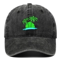 Unisex washed black baseball cap with tropical coconut tree embroidery and sun visor - Black