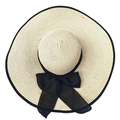 Beige wide brim straw sun hat with black ribbon bow for women seaside beach - Beige With Black Ribbon / 56-60cm