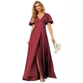 Elegant wine red satin evening gown with deep V-neck, flutter sleeves and high side slit - US size 2 / Burgundy