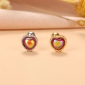 Close-up of silver and gold heart stud earrings with iridescent gemstones on pink cloth - 1# Silver Heart Iridescent