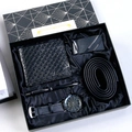 Men's business gift set with black leather wallet, belt, watch and pen in a silk-lined box - 6-Piece Black Set (Automatic Buckle + Belt + Wallet + Watch + Pen + Gift Box)