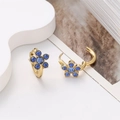 Gold-plated 304 stainless steel floral earrings with five blue crystals on a white stand - Blue