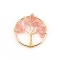 Golden Tree of Life pendant with pink orange crushed gemstones and wire wrapping - 3cm / Gold + Watermelon Red